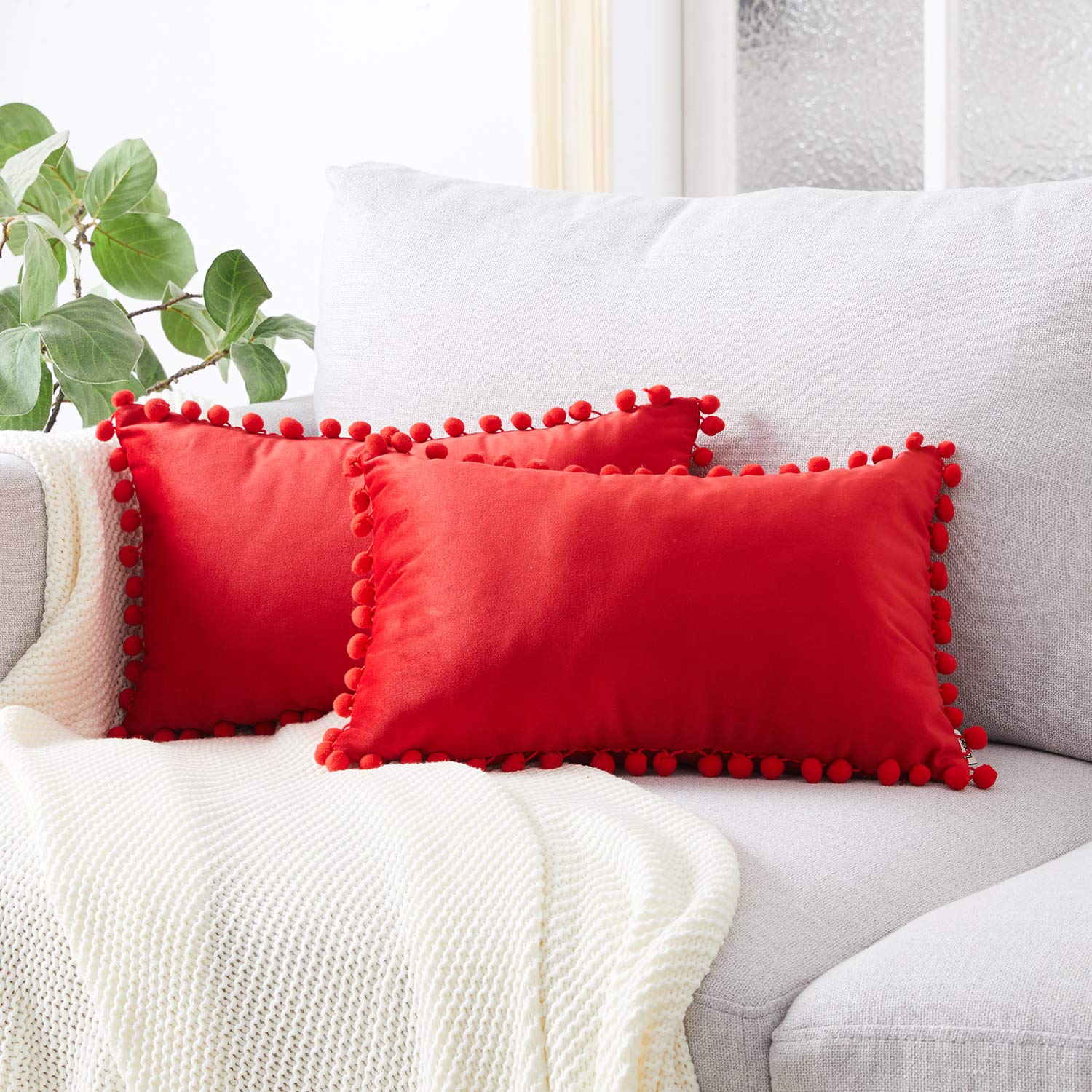 Topfinel Red Oblong Cushion Covers 12x20 Inch Velvet Soft Decorative