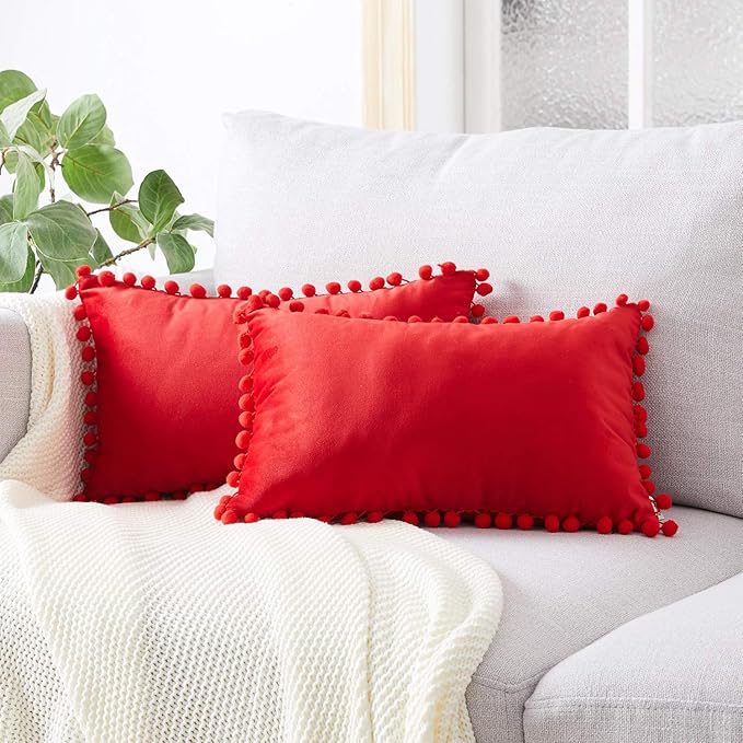 Topfinel Red Oblong Cushion Covers 12x20 Inch Velvet Soft Decorative