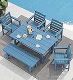 SERWALL Patio Dining Table and Bench Set for 6, Blue