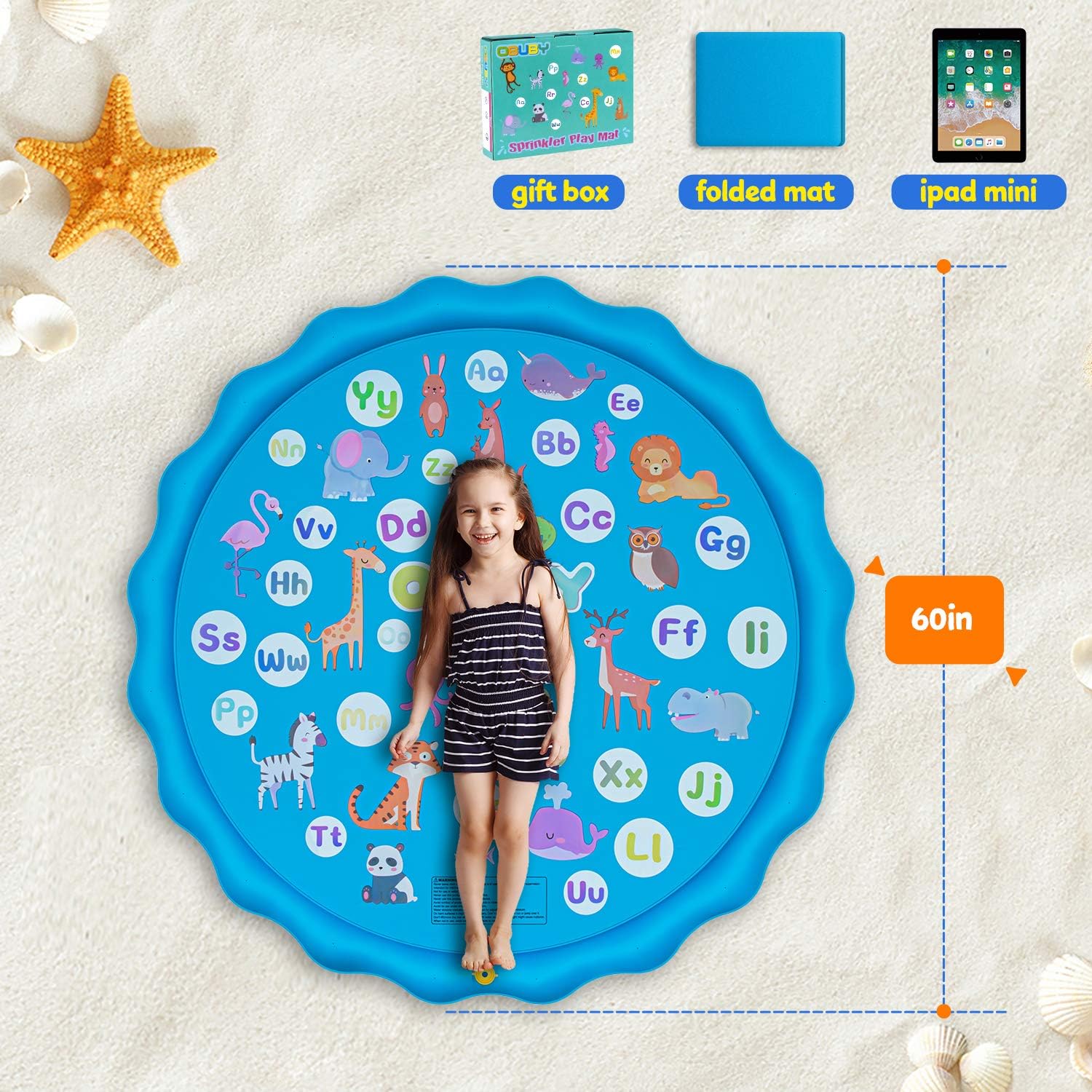 Obuby Sprinkler & Splash Play Mat for Kids, Splash Pad for Wading and Learning, 60" Children Outdoor Water Sprinkler Toys from A to Z Outdoor Swimming Pool for Babies Toddlers and Boys Girls: Toys & Games