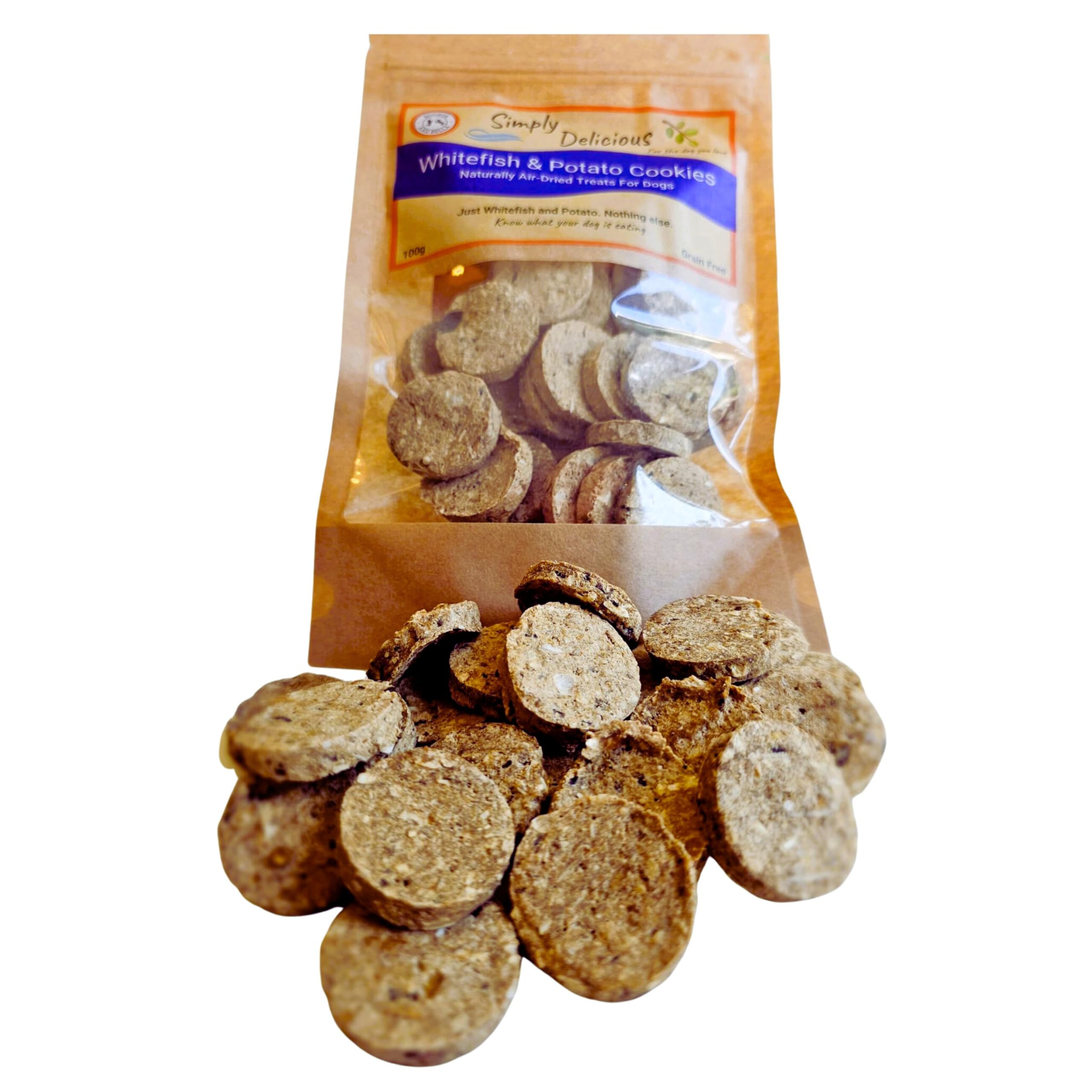 Bounce and Bella Whitefish and Potato Cookies - Two Ingredients, Low Fat, Hypoallergenic, Grain-Free Dog Treats with High-Value Crunch, Tasty Biscuits, 100g Pack