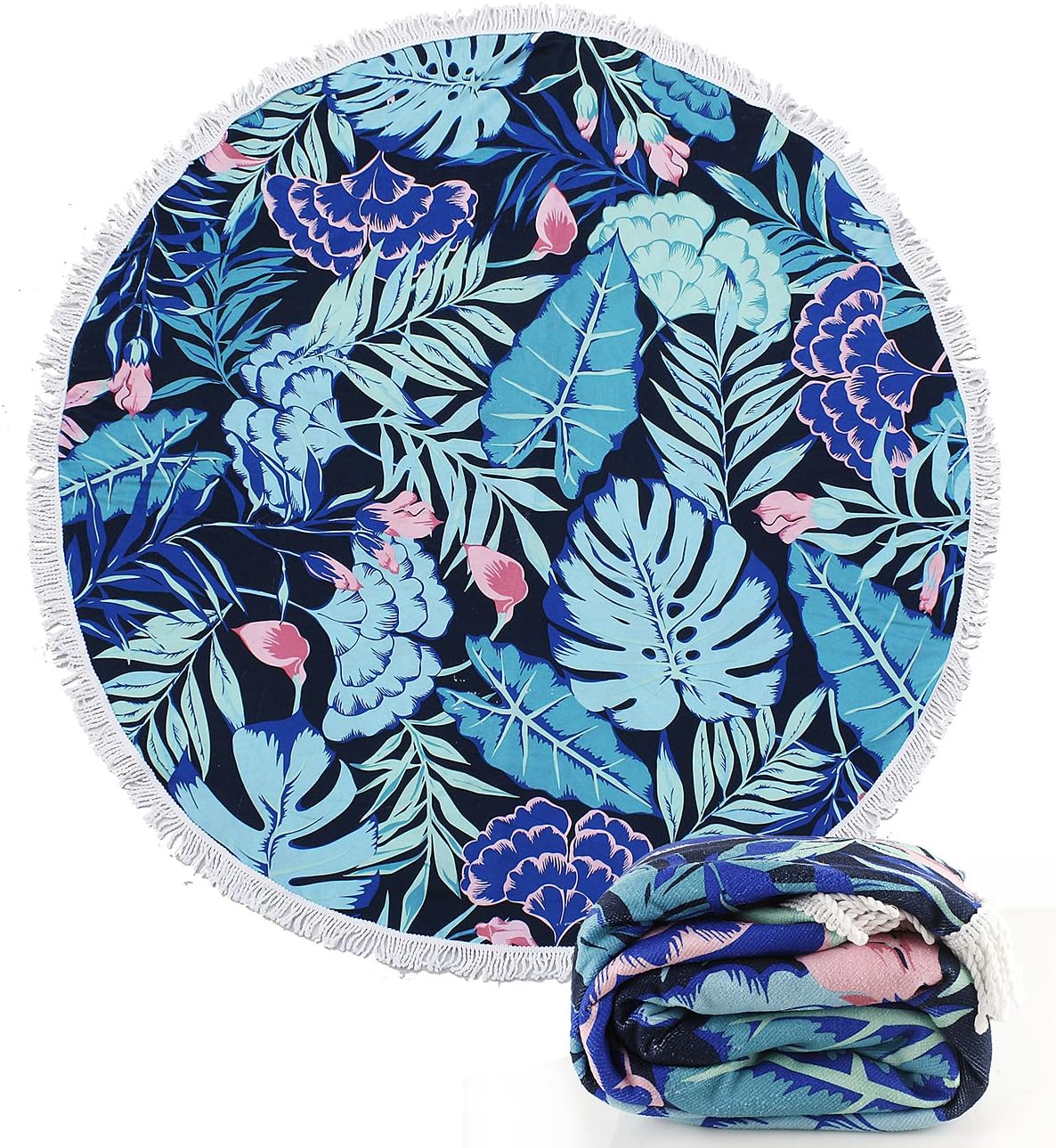 Footalk Beach Towel Round Roundie Tropical Theme Beach Blankets Large Soft Yoga Picnic Mat Thick Terry Tapestry with Colorful Fringe Tassels (Tropical 1)