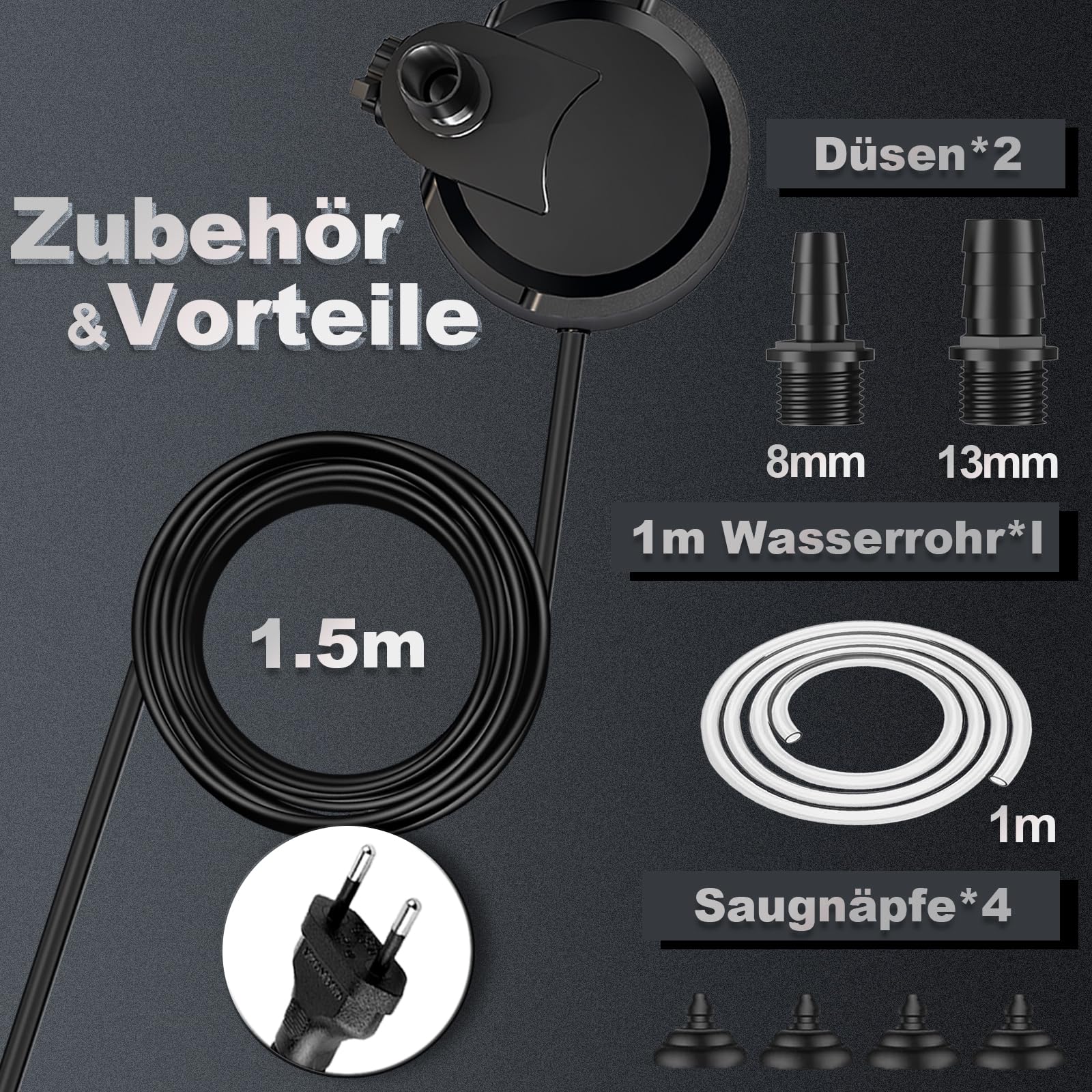 Aquarium Pumpe 15W 800L/H Tauchpumpe Ultra-Leise Mini Teichpumpe Springbrunnenpumpe mit Einstellbarem Schalter und 1.5m Kabel, 2 Düsen wasserpumpe für Teich, Aquarien, Hydrokultur, Brunnen 5