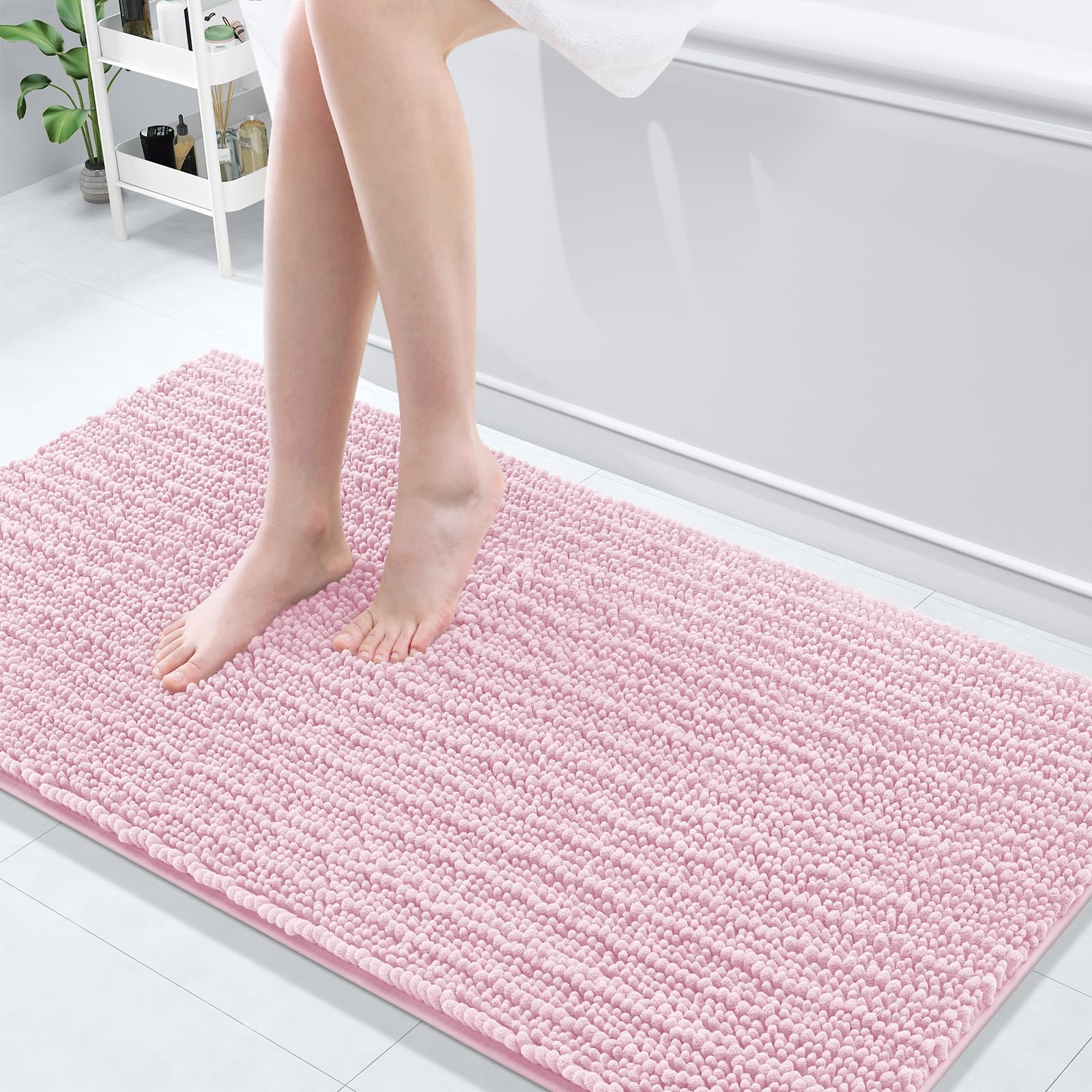 Photo 1 of Arotive Luxury Chenille Bathroom Rug Mat, Extra Soft Thick Absorbent Shaggy Bath Rugs, Non-Slip Machine Wash Dry, Plush Bath Mats for Bathroom, Shower and Tub, 60x24, Pink
