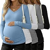 Sweetyweee 4 Pack Women's Maternity Shirts, Cotton Long Sleeve Pregnancy Tops Ribbed V Neck Slim Fit Maternity Clothes