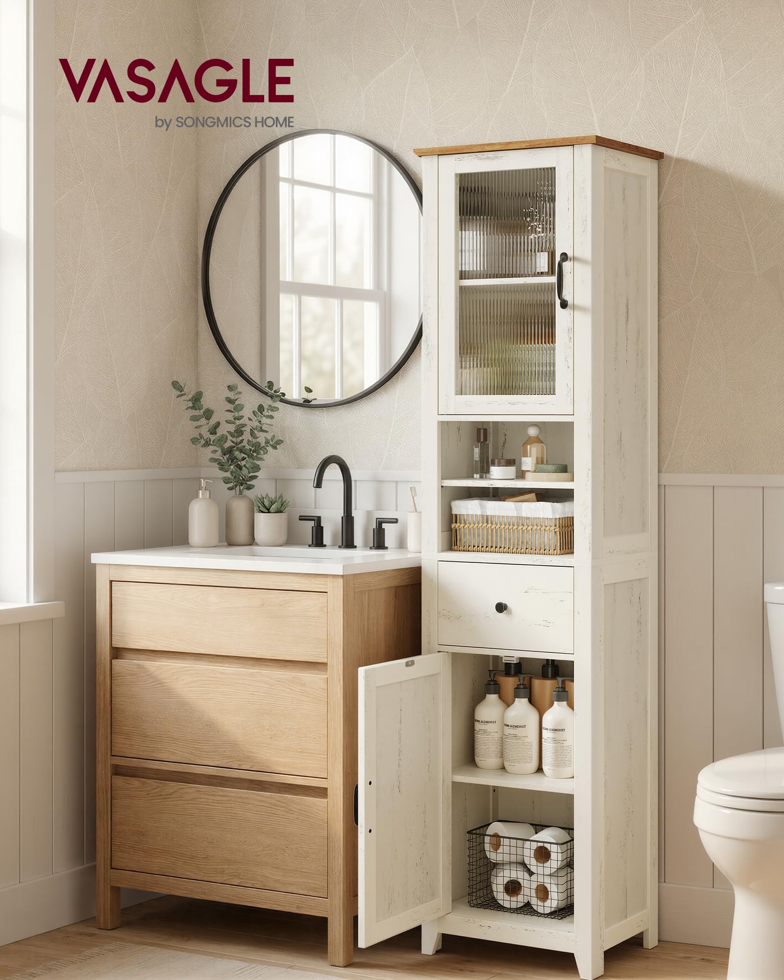 VASAGLE LIRY Kollektion - Badezimmerschrank im Landhausstil, Badschrank schmal, Badmöbel, offene Fächer, 1 Schublade, mit Türen, vintageweiß-honigbraun, 31,5 x 40 x 171 cm BBK760W101 2