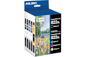 MILEKO 822XL Ink Cartridges Remanufactured Replacement for Epson 822XL Ink Cartridges for Epson 822 822 XL T822 for Epson WF-3820 Printer Workforce Pro WF-4820 WF-4830 WF-4833 WF-3823 Printer（5 Pack, 822XL）