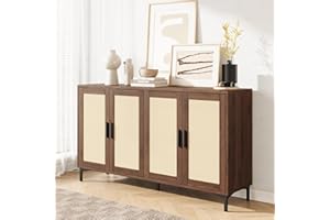 JASIWAY Sideboard - Kitchen Buffet Cabinet with Rattan Decorated Doors, Accent Sideboard Cabinet with Doors, Coffee Bar Cabinet Rattan Sideboard Buffet Cabinet with Storage