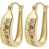 1.10" Inch Greek Key Yellow Gold Filled Plated Hoop Earrings, Simulated Red Ruby & White Diamond CZ Cubic Zirconia Accents