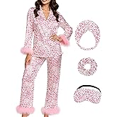 MEEYI Silk Pajamas for Women with Feather Trim Long Sleeve Satin Pajama Set 2 Piece Button Down Pjs Print Sleepwear