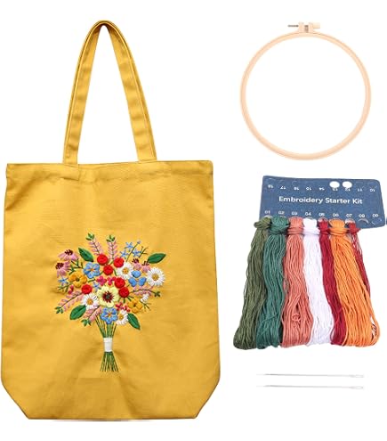 ORIGACH DIY Embroidery Kit - 2 Pack Canvas Tote Bags With Daisy Pattern, Complete Cross Stitch Set For Adults, Includes Hoop, Thread & Tools - View #10