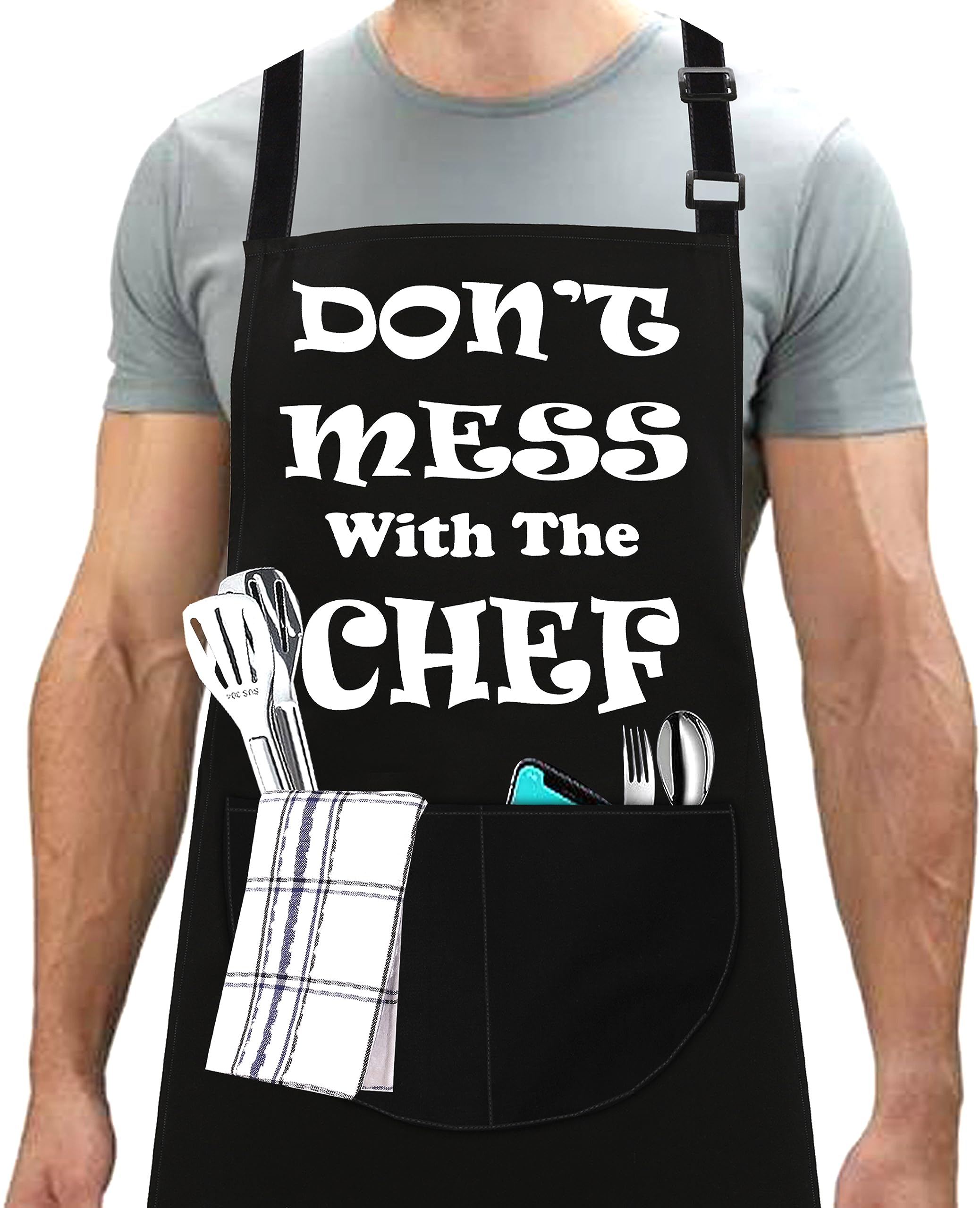LINEN CLOSET® Adjustable Bbq Aprons for Men Funny Chef Aprons Christmas Grilling Gifts for Dad Son Father Husband with 2 Pockets-Don’t Mess With the Chef Apron