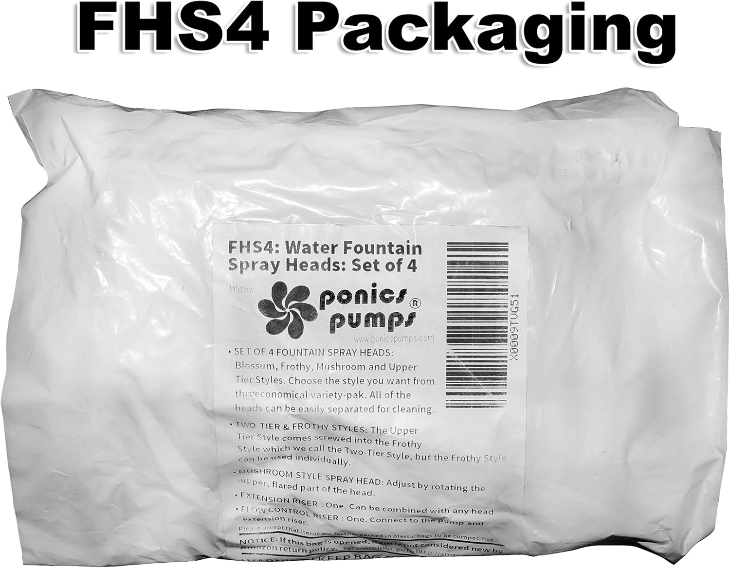 PonicsPump FHS4: Water Fountain Spray Head Set - Choose from 4 Water Patterns: Blossom, Frothy, Mushroom and Two-Tier Styles : Pond Water Pumps : Garden & Outdoor
