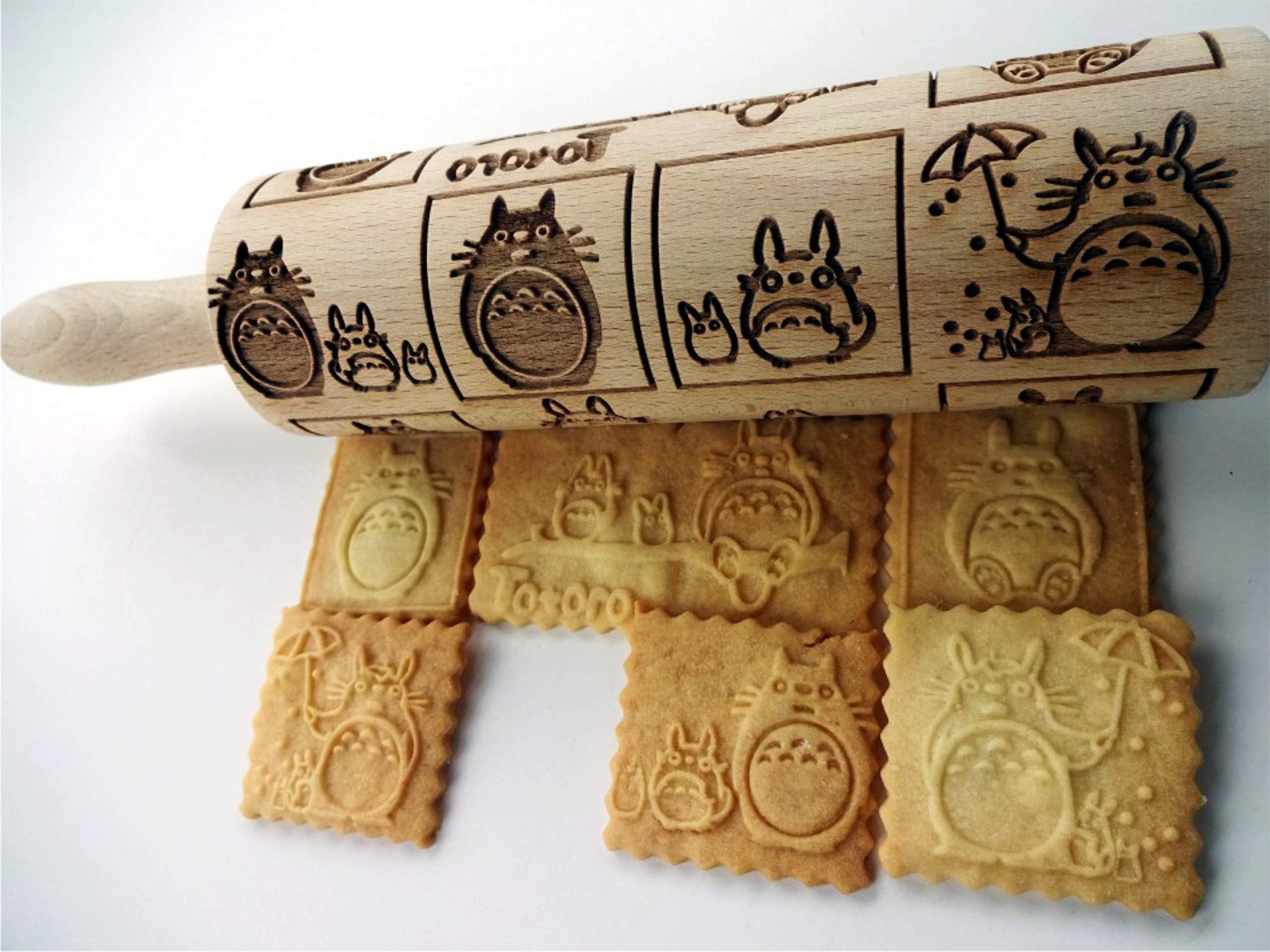 ANIME Embossed Rolling Pin Wooden Handmade Lazer Engraved Embossing Dough Roller GIFT for Friend