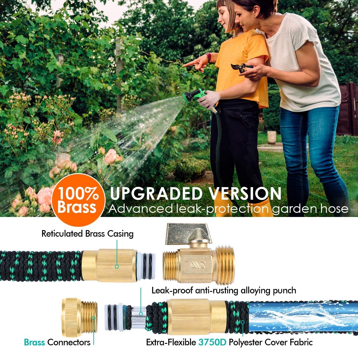 Expandable Garden Hose, 100ft Leakproof Garden Hose with 10 Functions Nozzle, Flexible Water Hose with Durable 3-Layers Latex Core, 3/4" Solid Brass Fittings, Premium 3750D Fabric: Home Improvement