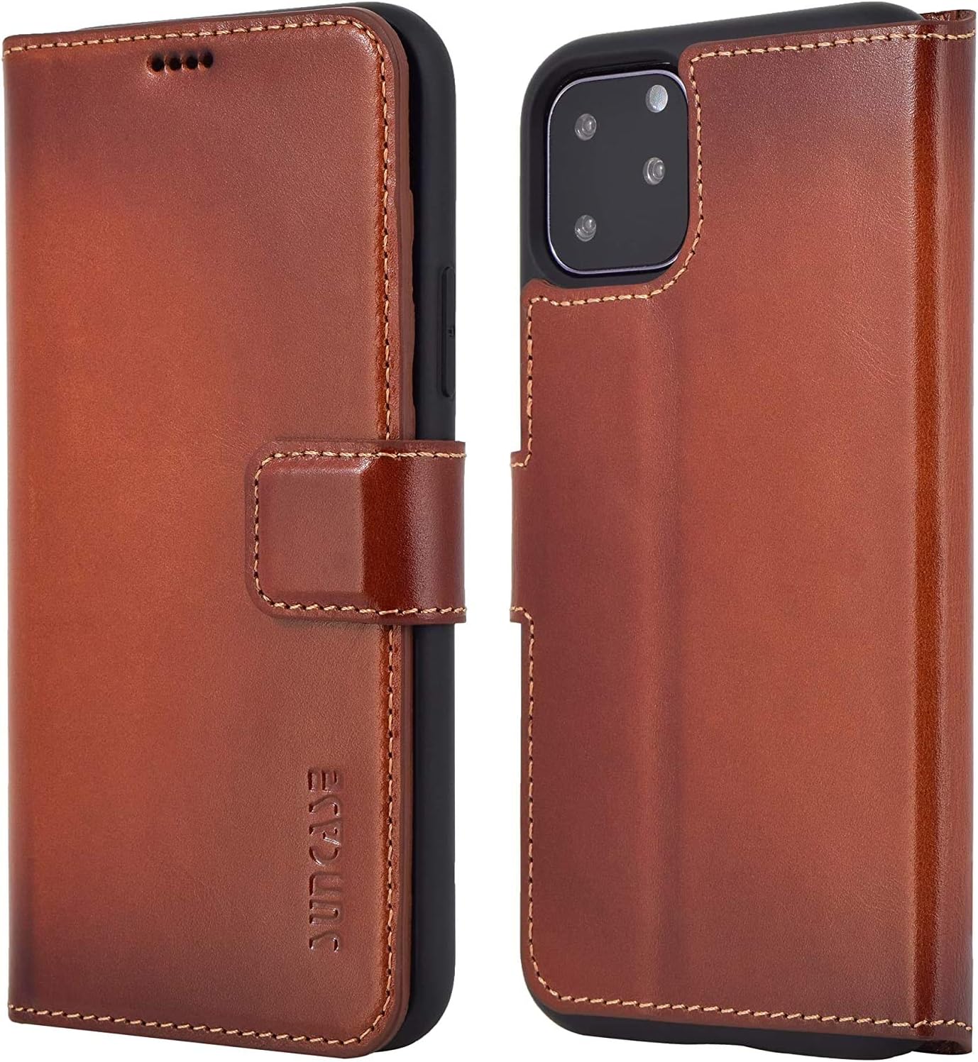 Suncase Book-style case compatible with iPhone 12 (6.1 inch) leather case (slim fit) leather mobile phone case protective case with 3 card slots in burned cognac - Image 3