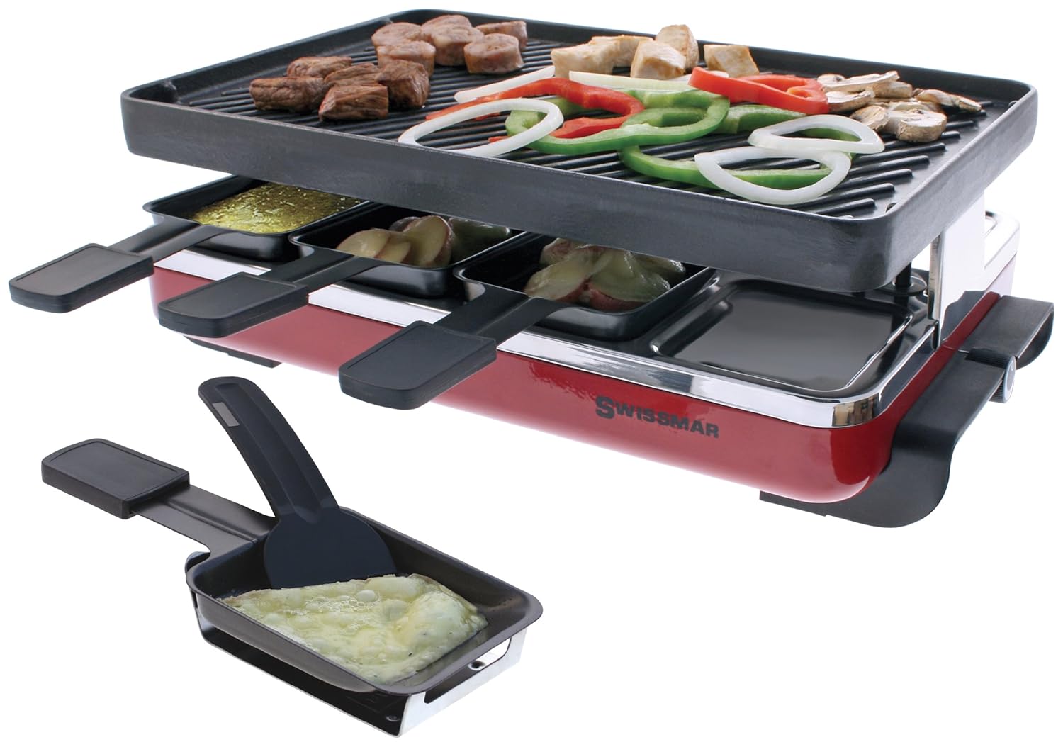 4. Swissmar KF-77046 Classic 8 Person Raclette with Reversible Cast Iron Grill Plate/Crepe Top, Red