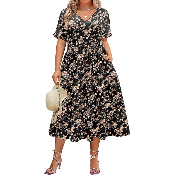 ROSCHICO Plus Size Pink Floral Midi Dress - V-Neck, Short Sleeve, High Waist With Pockets, Boho Style For Curvy Women