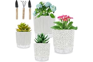 LACGO 4 PCS Self Watering Plants Pots with Cotton Strings, 5.5 & 4.3 Inch Indoor Outdoor Plastic Planters Drainage Hole Reservoir with Gardening Tools for African Violet Orchid Cactus Herbs Succulents
