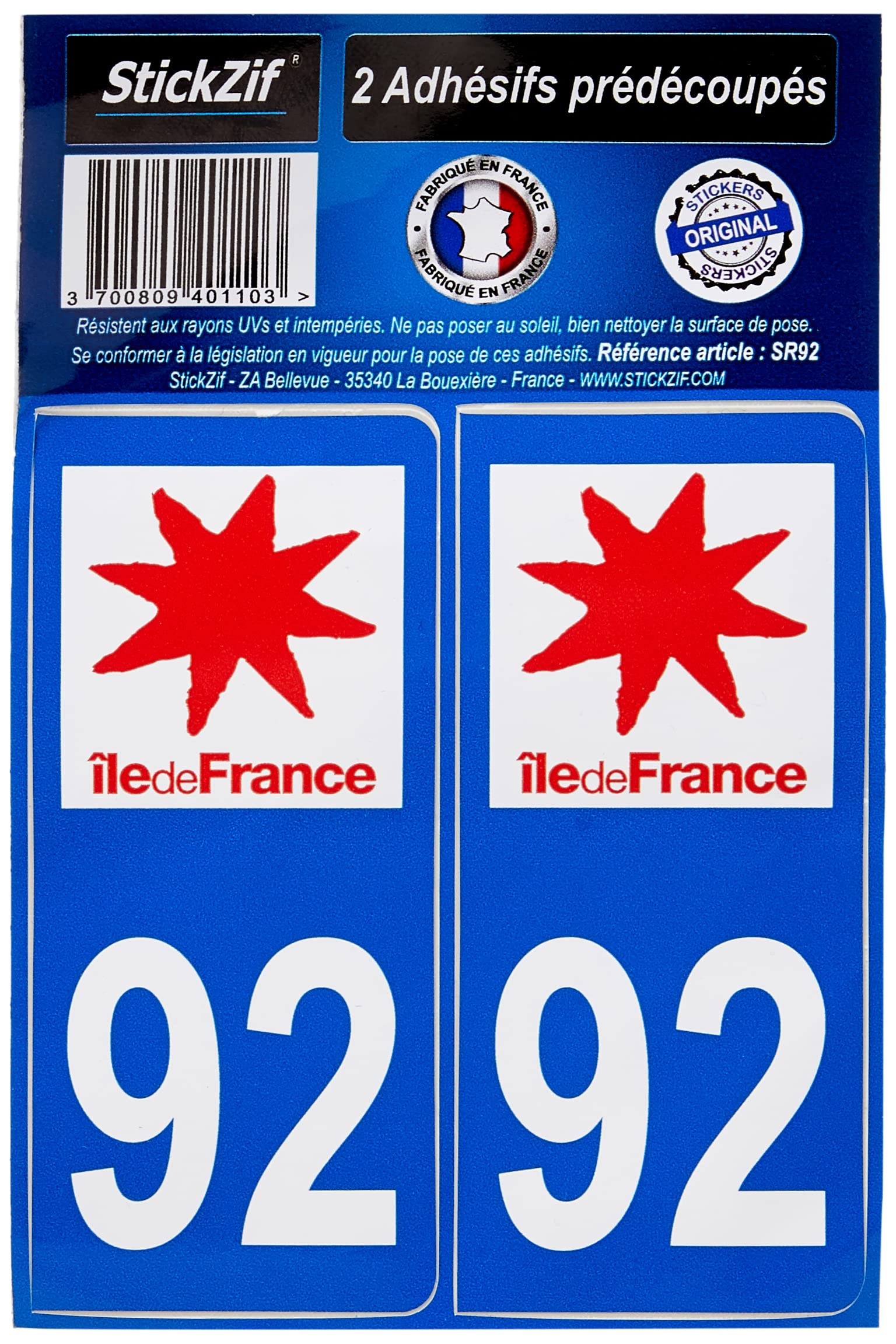 STICKZIF Sr92 2 Adhesive Stickers Department 92 Ile-de-France region, Set of 2