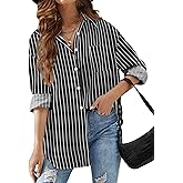 HOTOUCH Women Button Down Striped Shirts Drop Shoulder Blouse Long Sleeve Oversized Shirt with Pocket