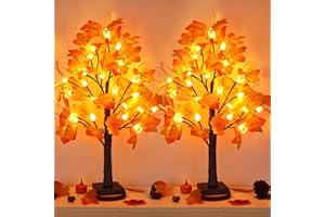 NAWITDA 2 Pack 24 Inch Artificial Lighted Maple Tree with 48 LEDs Timer Fall Thanksgiving Decorations Battery Operated Prelit Maple Tree Table Lights for Thanksgiving Decor Home Indoor Autumn Harvest