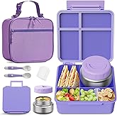 FAJSL Bento Box for Kids with Thermo Food Container (9oz), 4-Compartment Lunch Box, Adjustable Divider, Leakproof Bento Lunch Box, Includes Utensils & Carry Bag for School, Office(Purple)
