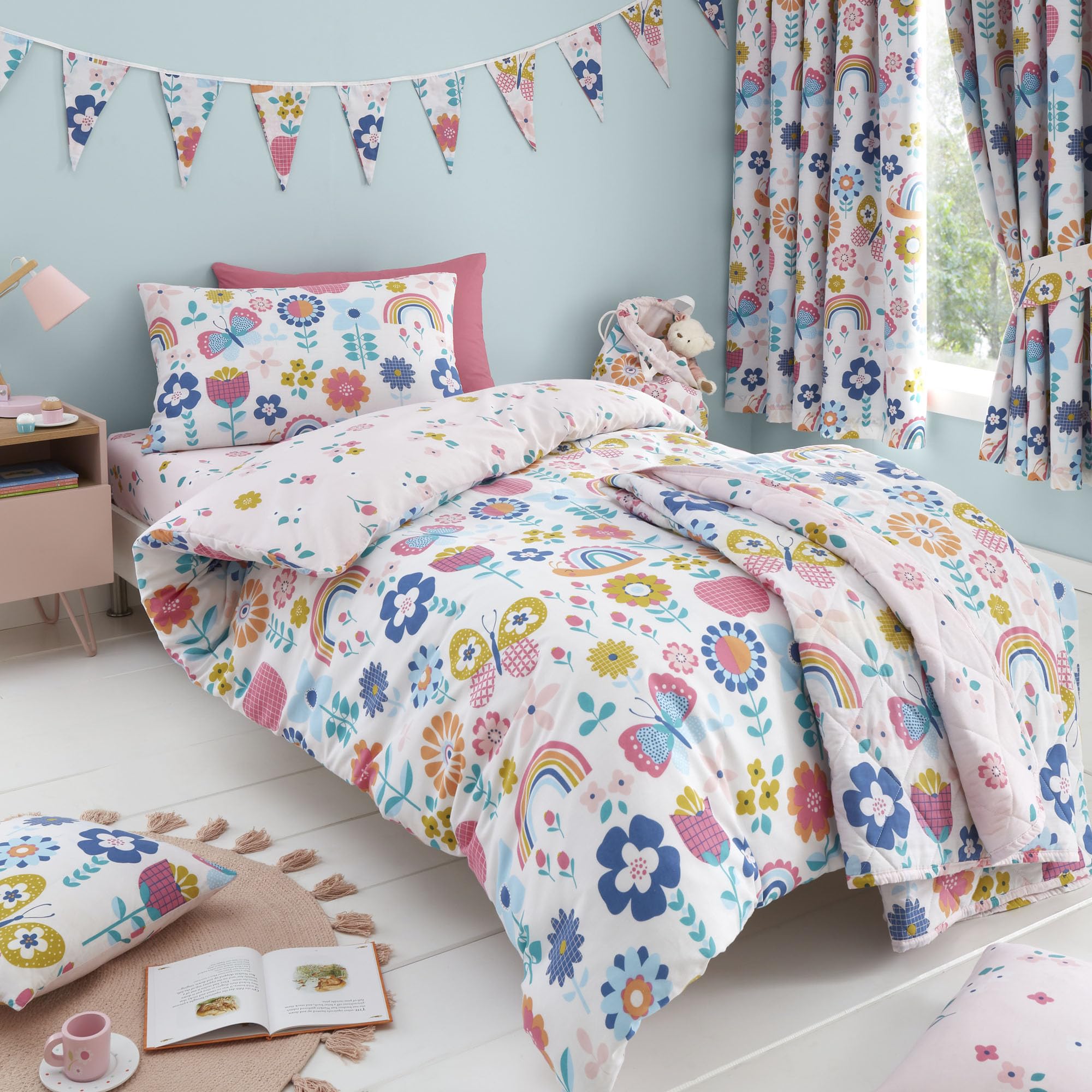 Happy Linen Company Girls Boys Kids Flower Garden Butterflies Multicolour Double Reversible Soft Easy Care Bed Linen Duvet Cover Quilt Bedding Set With Pillow Cases
