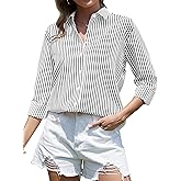 CUNLIN Grade 4 Wrinkle-Resistant Women's Button Down Shirts Striped Long Sleeve Collared Blouses Tops with Pocket