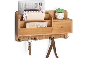 Rebee Vision Key Holder Wall Mount with Mail Organizer - Modern Farmhouse Key and Mail Holder for Wall with Wall Hooks and Drawer - Apartment Essentials for Home Decor Aesthetic(Light Brown)