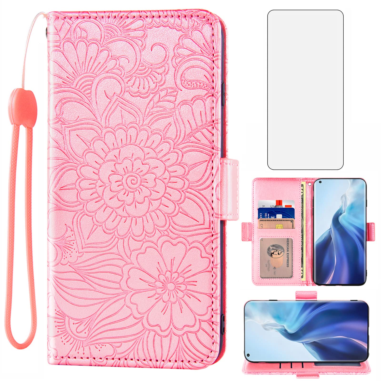 Compatible with Xiaomi Mi 11 Lite 4G/5G Wallet Case Tempered Glass Screen Protector Card Holder Stand Magnetic Leather Flip Cell Accessories Phone Cover for Mi11Lite Mi11 11Lite G5 Women Men Rose Gold