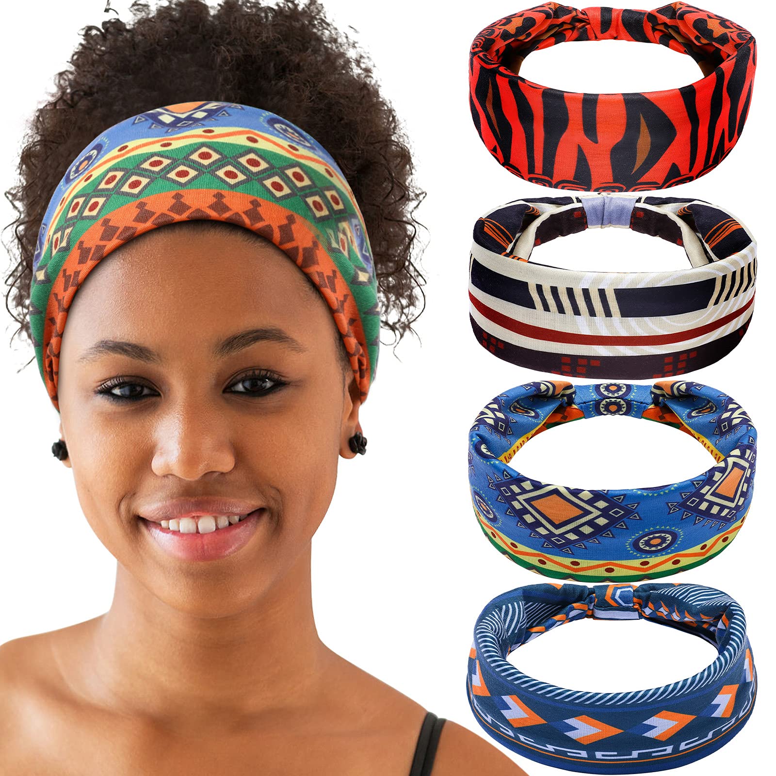 4 Pieces African Headbands Knotted Wide Yoga Stretchy Bandeau African Headwrap Hair Accessories for Women and Girls (Charming Series)