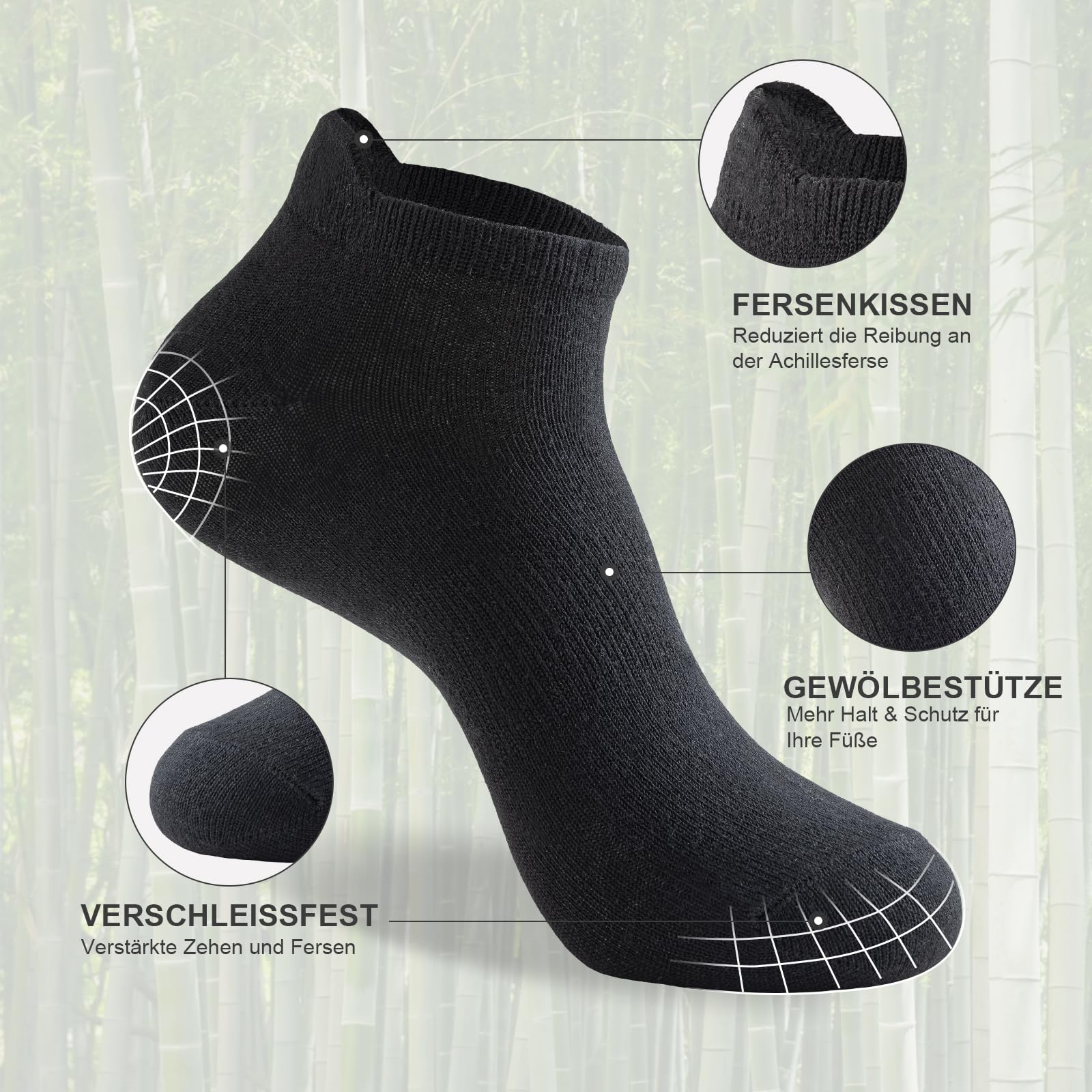 Niorasen Bambus Sneaker Socken für Damen & Herren, 6 Paar Schwarz 47-50 4