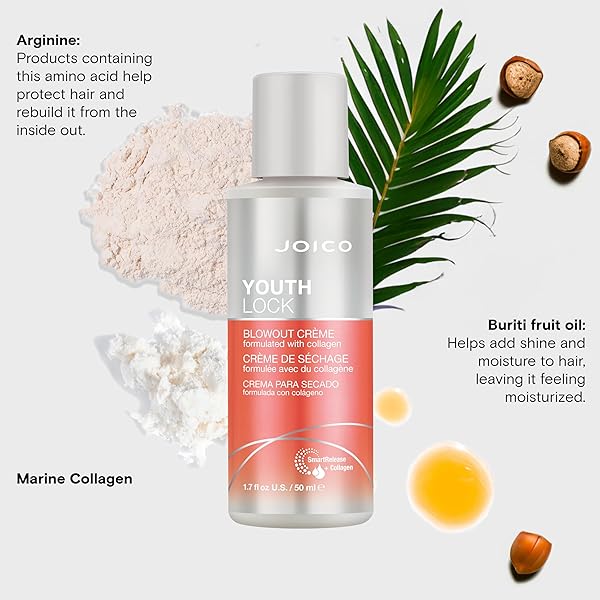 JOICO YOUTHLOCK BLOWOUT CRÈME FORMULATED WITH COLLAGEN|YOUTHFUL BODY & BOUNCE|STRENGTHEN & PROTECT|REDUCE BREAKAGE & FRIZZ|SOFTEN & DETANGLE|BOOST SHINE|SULFATE FREE|WITH ARGININE|1.7 FL OZ