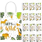 Chinco 12 Pieces Jungle Animal Theme Treat Bags, Safari Paper Goodie Bags Party Favors Candy Bags with Handles Green Gold Jungle Party Supplies for Baby Shower Wedding Birthday Party Decorations