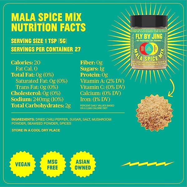 FLYBYJING MALA SPICE MIX, SPICY TINGLY WARM, VERSATILE AS A SEASONING, MARINADE, SPICE RUB AND MORE, ALL-NATURAL VEGAN GLUTEN FREE, UNIQUE BLEND OF SICHUAN PEPPER, SALT, SUGAR, SPICES 3.5OZ (PACK OF 1)