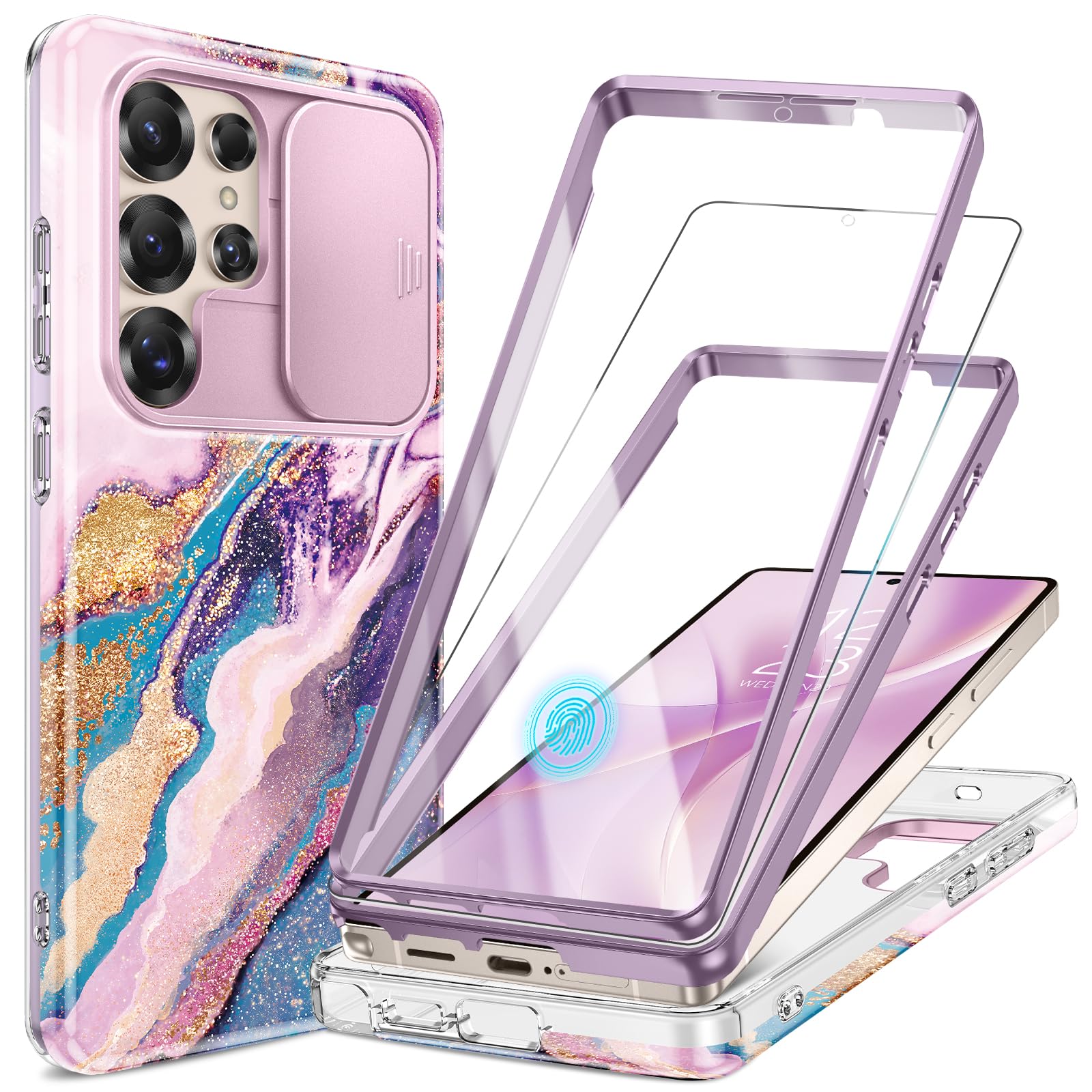 Photo 1 of GVIEWIN for Samsung Galaxy S25 Ultra Case, [Slide Camera Cover & Built-in HD Screen Protector] [2 Front Frames] Shockproof Military Grade Protective Marble Phone Case 6.9" (Dreamland River/Purple)