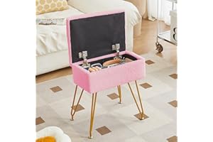 ALEESING Alessing Vanity Stool Chair Ottoman with Storage, Sherpa Vanity Chair for Makeup Room, Rectangle Vanity Stools with Metal Legs, Soft Makeup Stool Footrest Footstools for Bedroom Living Room, Pink