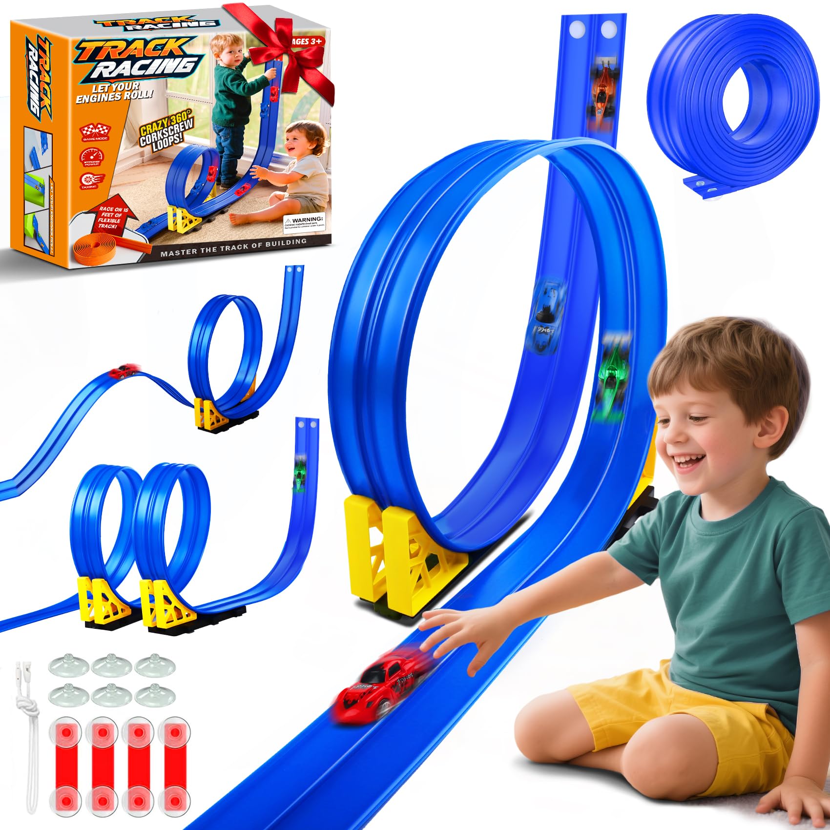 Photo 1 of Nicmore Flexible Race Track Toy Set: 15ft DIY Bendable Ramp with Suction Cups – Portable Roll-Up Car Track for Kids Compatible with 1:64 Diecast Cars – Birthday Christmas for Boys Girls Ages 3+