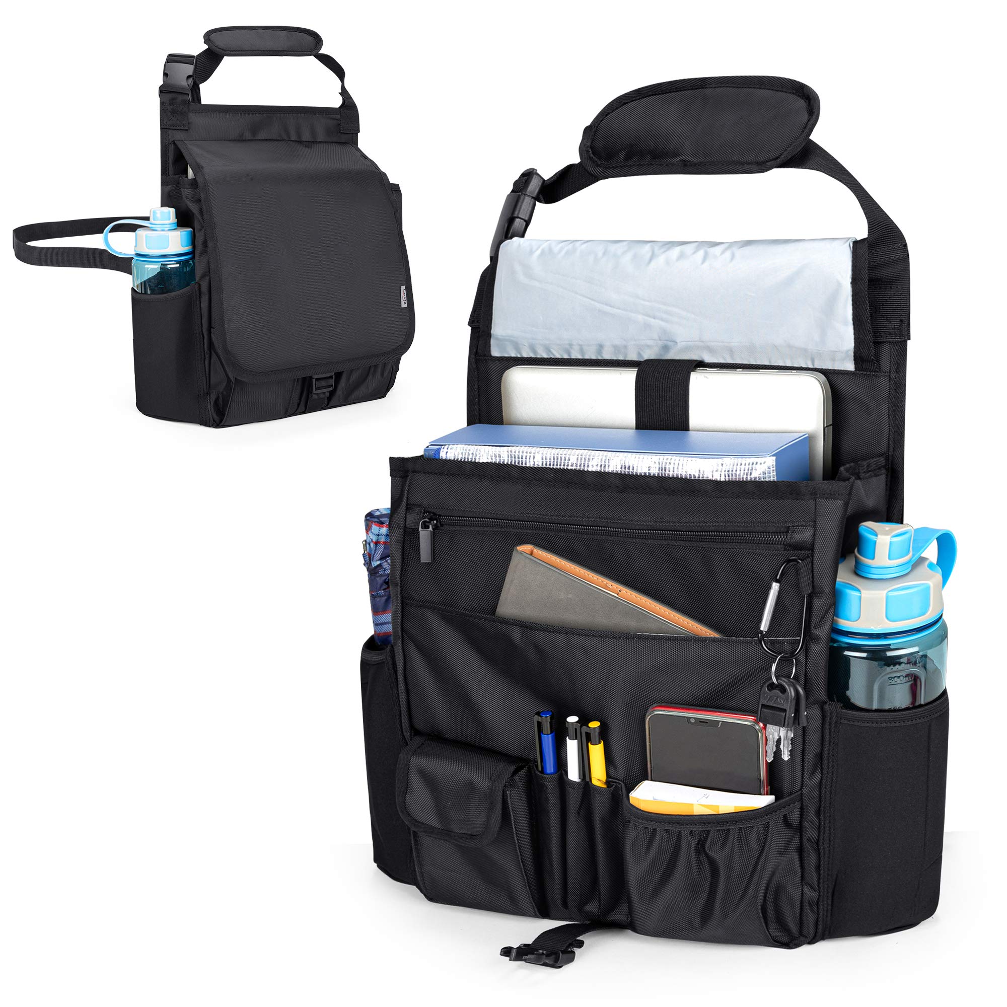 Luxja Car Seat Organiser, Car Storage Bag for Passenger Seat, Car Seat Protector with Large Capacity for Water Bottle, Books, Mobile Phone, Laptop, Black
