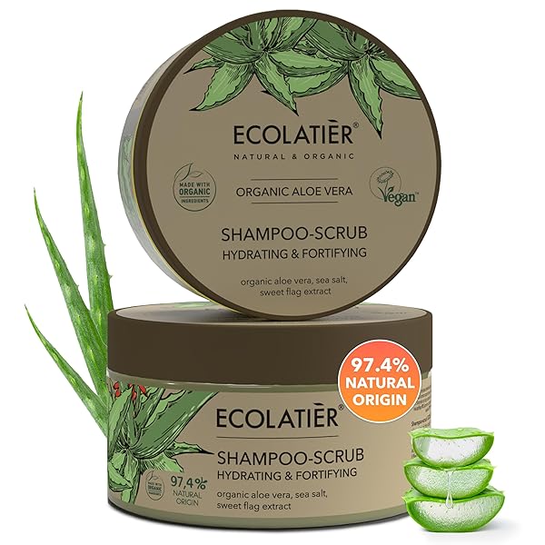 SHAMPOO SCRUB & SCALP EXFOLIATOR WITH ORGANIC ALOE VERA – HYDRATING, FORTIFYING HAIR SCRUB FOR GROWTH, VEGAN, 97.4% NATURAL, GENTLE MOISTURIZING FOR SENSITIVE SCALP