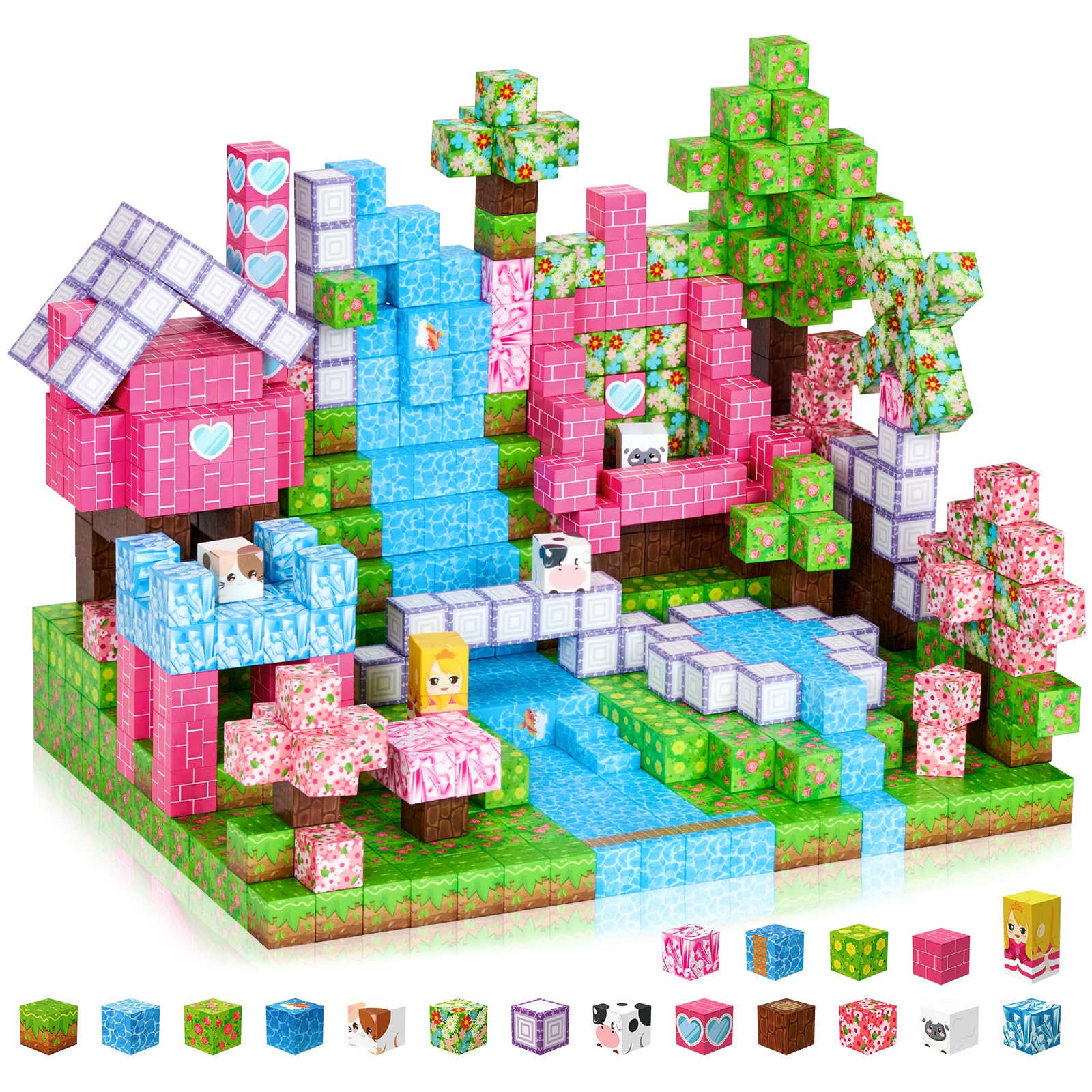 Coolzon 154PCS Magnetic Blocks-Magnetic Building Blocks for Kids Tiles Stacking Cubes Game,Mine Magnet Cubes Set Boys Girls Ages 3 4 5 6 7 8 9, Cherry Blossom Style