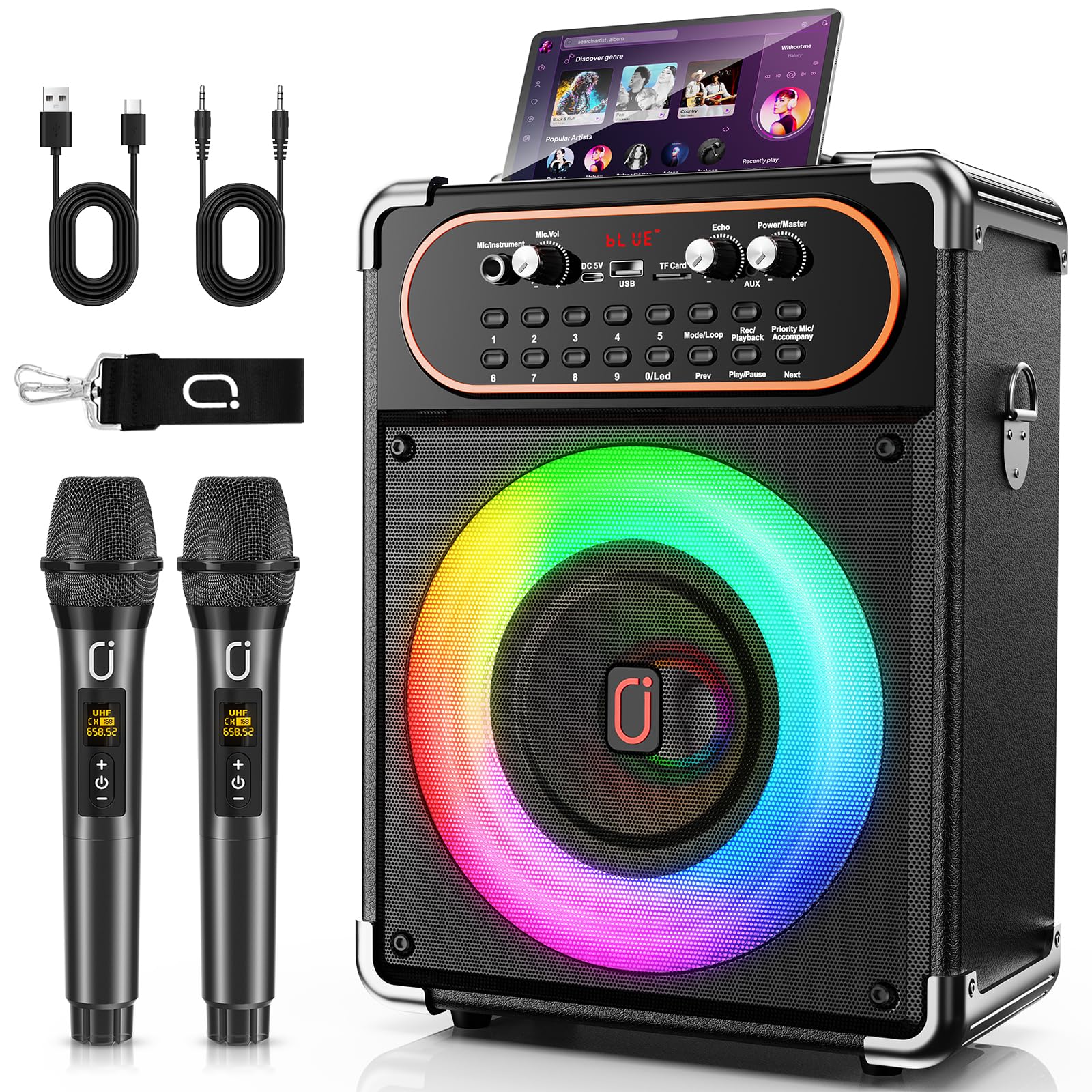 Photo 1 of HWWR Karaoke Machine, Portable Bluetooth 5.3 Speaker with 2 Wireless Microphones for Adults, PA System with Echo Adjustment, Support TWS/TF Card/USB/AUX/TVs Connected
