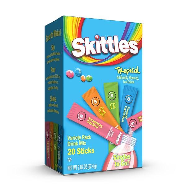 SKITTLES SINGLES TO GO VARIETY PACK, WATERTOK POWDERED DRINK MIX, ZERO SUGAR, LOW CALORIE, INCLUDES 4 FLAVORS, 1 BOX (20 SINGLE SERVINGS) (TROPICAL)