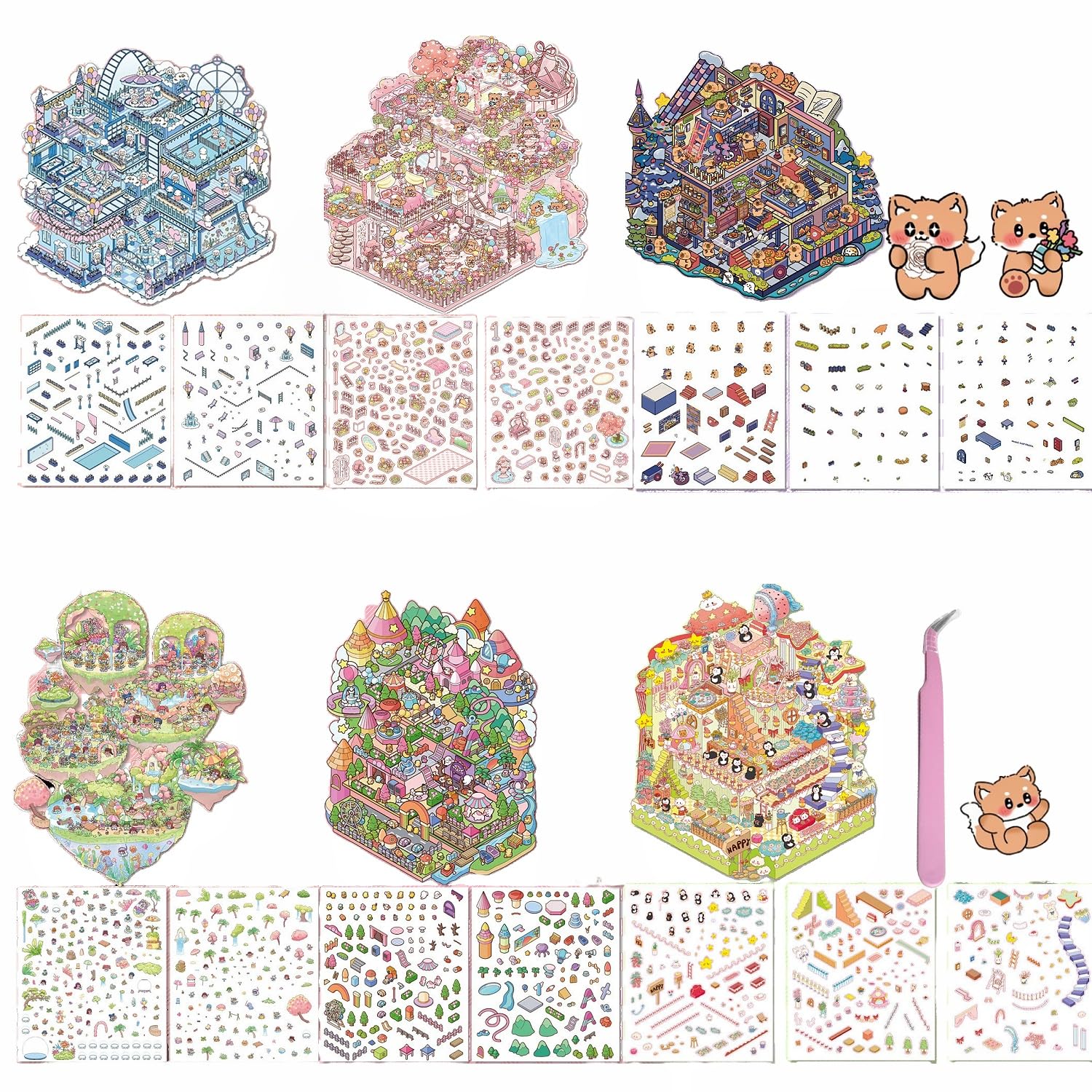 6 Sets Super Edition DIY 3D House Sticker with Tweezers Make Your Own Mini Shop Dream Castle Sky Sky Amusement Park,3D DIY Sticker Scenes Therapy for Adult Relief Stress Pass The Time — image 1