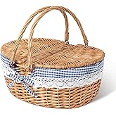 GRANNY SAYS Wicker Picnic Basket for 2 with Handles, Woven Cute Boo Basket with Washable Liner & Dual-Flip Lid, Vintage Large Picnic Baskets for Camping, Outdoor, Gift, Blue and White Checkered Liner