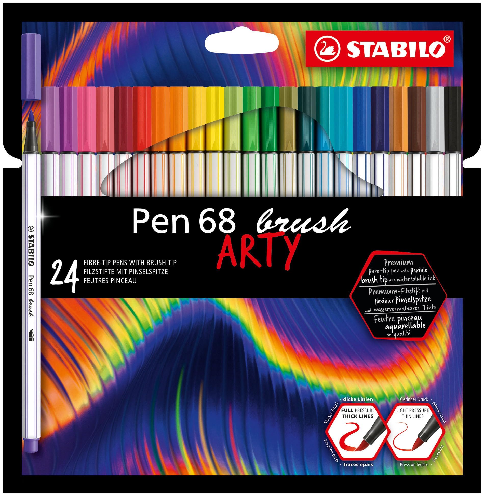 STABILO Pen 68 brush - Premium Fibre-Tip Pen with Brush Tip - ARTY - Pack of 24 - Assorted Colours