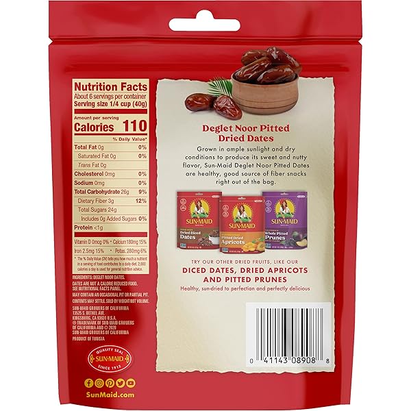 SUN-MAID CALIFORNIA PITTED DATES, DEGLET NOOR IN RESEALABLE BAG, ALL NAUTRAL, NO ADDED-SUGARS, 8 OZ (PACK OF 1)