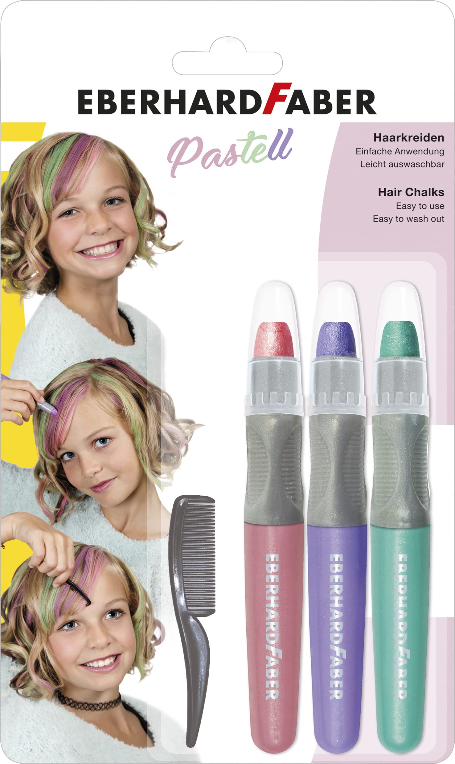 Eberhard Faber 579202 - Pastel Hair Chalk, Set of 3 Colours and Hair Comb, Easy to Use, Easy to Clean, for Trendy Hairstyles and New Hair Colours