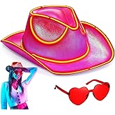 Hercicy LED Light Cowgirl Hat and Heart Glasses Holographic Shiny Hat for Women Space Cowgirl Outfit Halloween Carnival